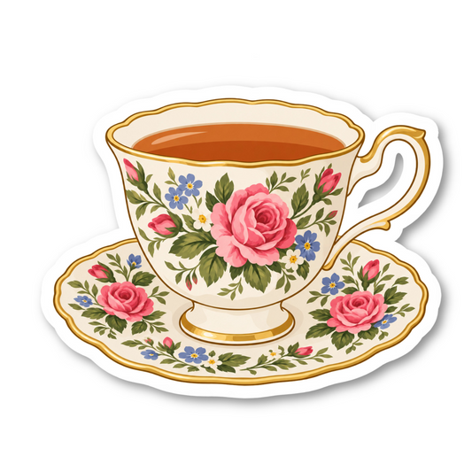 Vintage Floral Tea Cup Sticker Vinyl Sticker